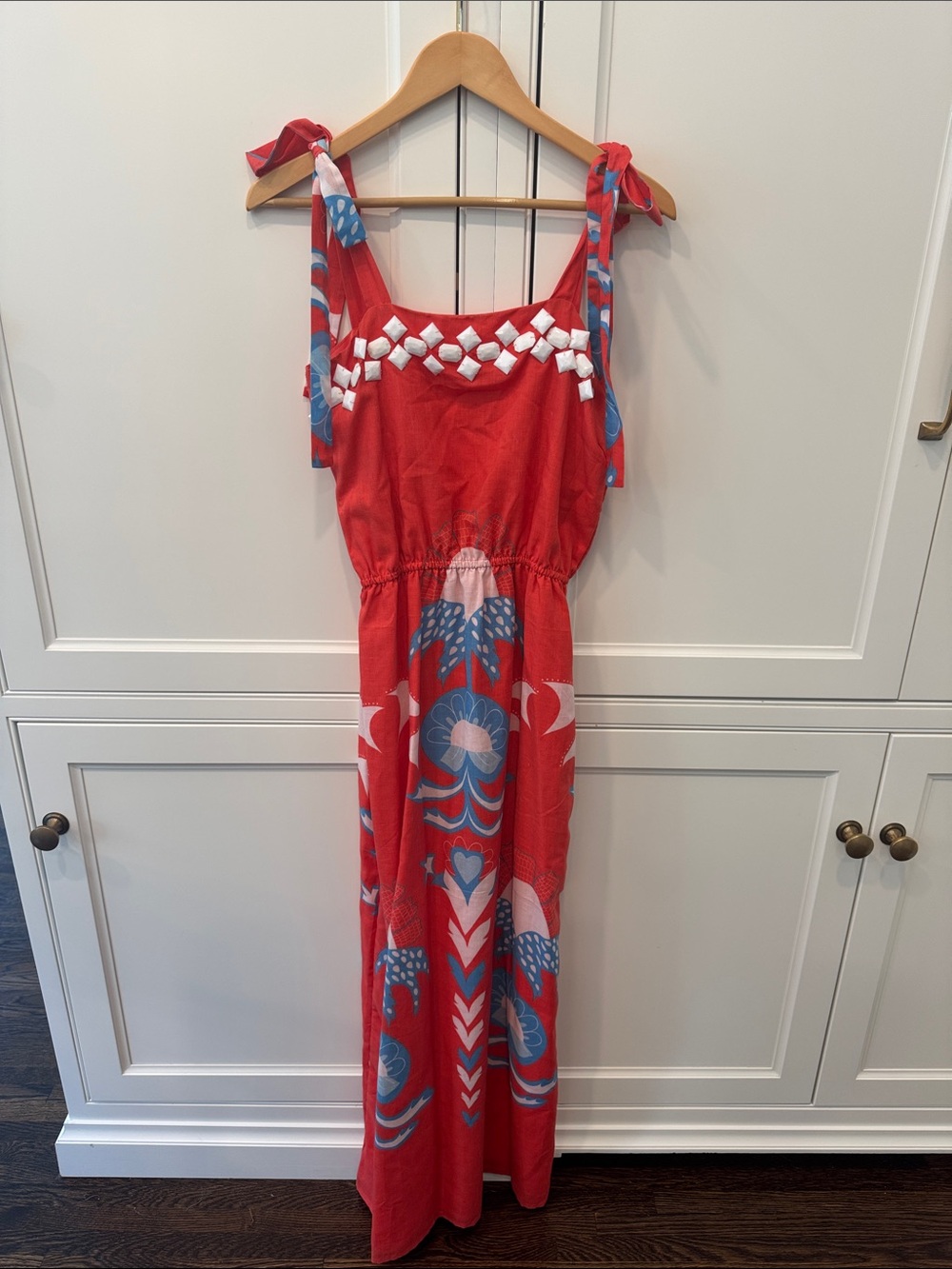 Red Floral Tie-Shoulder Maxi Dress with Smocked Waist